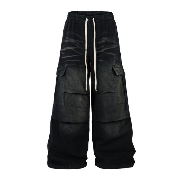 American High Street Spray Paint Denim Cargo Pants Loose Pleated Knee Design Sense Floor-Length Wide-Leg Straight-Leg_mkmklike.com