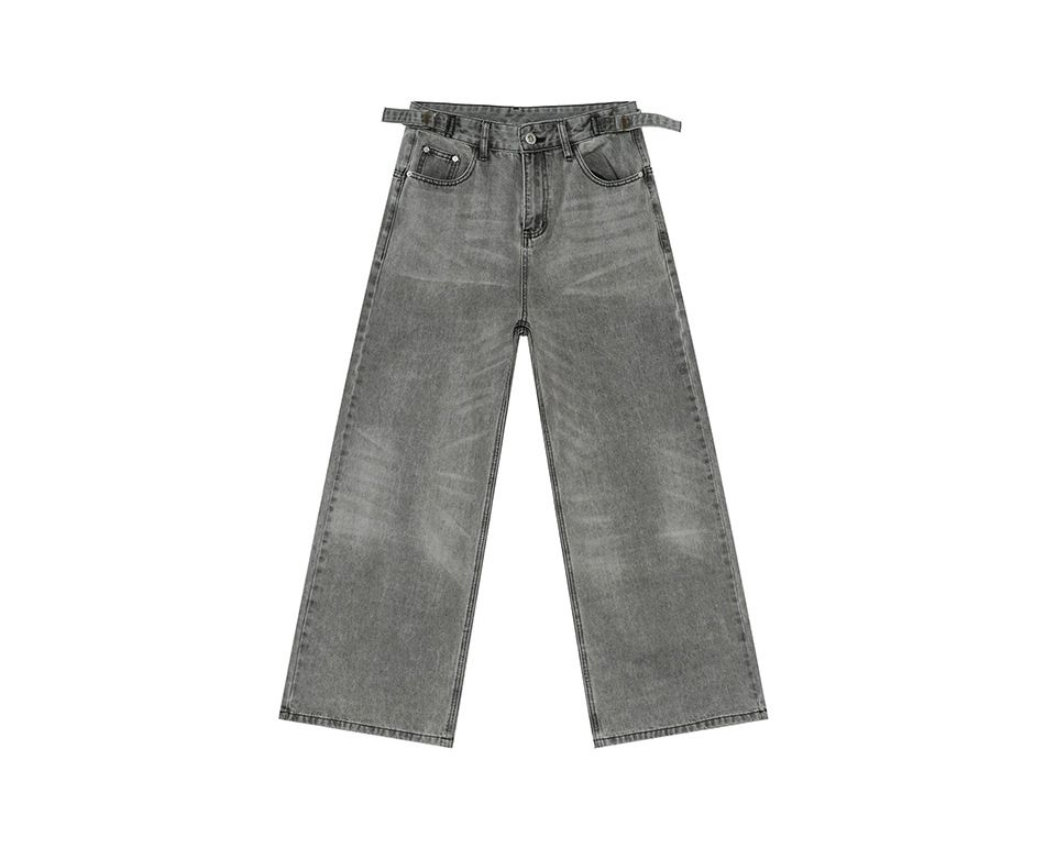 EF JEANS | 2025 New American Niche Retro Belt Adjustable Straight Loose Grey Jeans_mkmklike.com