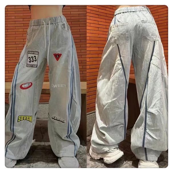 Women's Clothing Spring New Heavy Duty Letter Embroidery Color Stripes Loose Hem Drawstring Casual Trousers_mkmklike.com