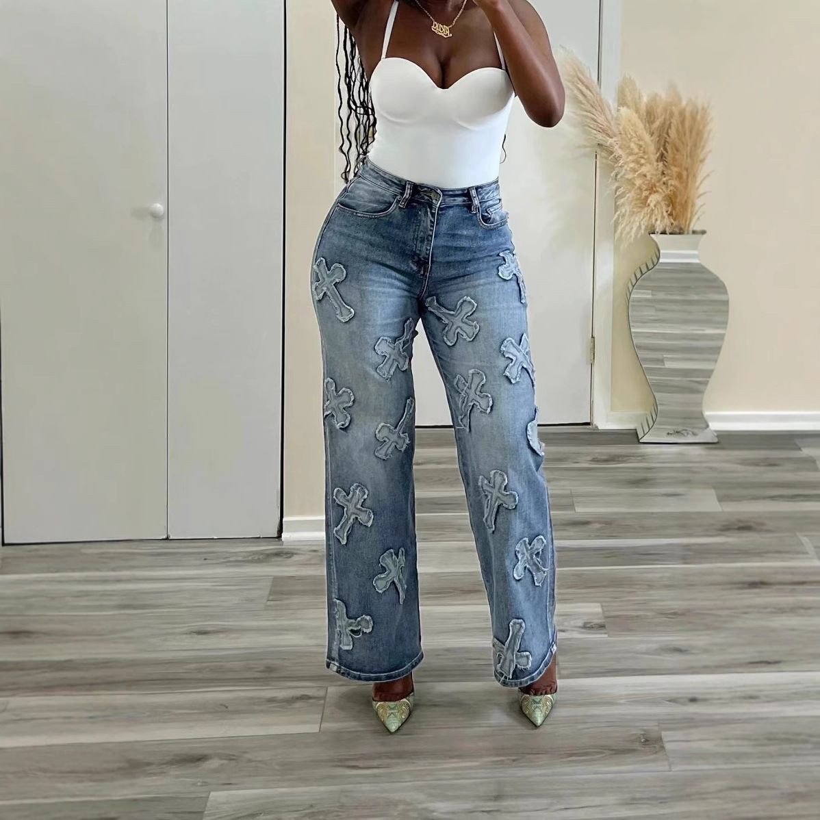 Vintage Washed Denim Jeans For Women With Fringe & Cross Patches - Straight Leg, High Waist, Comfortable Cotton Blend_mkmklike.com