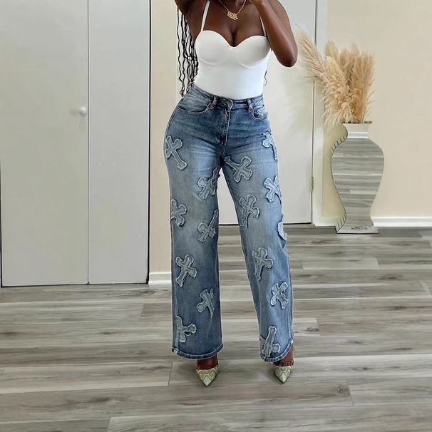 Vintage Washed Denim Jeans For Women With Fringe & Cross Patches - Straight Leg, High Waist, Comfortable Cotton Blend_mkmklike.com