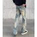 Men's Vintage High Street Vibe Washed Straight Leg Bootcut Jeans - Retro Yellow Mud Dye Denim Pants_mkmklike.com