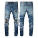 Men's Clothing Washed Cat Whisker Wrinkled Hole Patchwork Leather Elastic Slim Fit Skinny Jeans_mkmklike.com