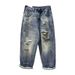 Vintage Washed Distressed Denim Jeans For Men, Relaxed Fit Straight Leg Loose Casual Trousers, Retro Blue Denim Pants_mkmklike.com