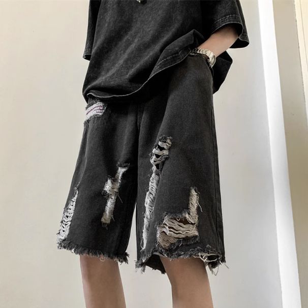 Men's Trendy Ripped Denim Shorts High Street Retro Loose Fitting Five Point Summer Style Thin_mkmklike.com