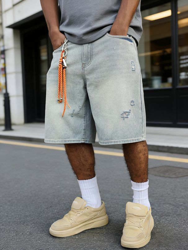 Men's Retro Washed Denim Shorts Casual Loose Fit Hip Hop Trendy Streetwear European American Style Five-Point Pants_mkmklike.com
