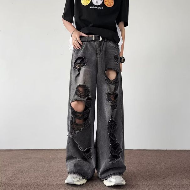 Men's Clothing Men's Hip Hop Distressed Ripped Jeans - Black Washed Denim Pants, Loose Fit, Straight Leg, Vintage Style For Casual Wear_mkmklike.com