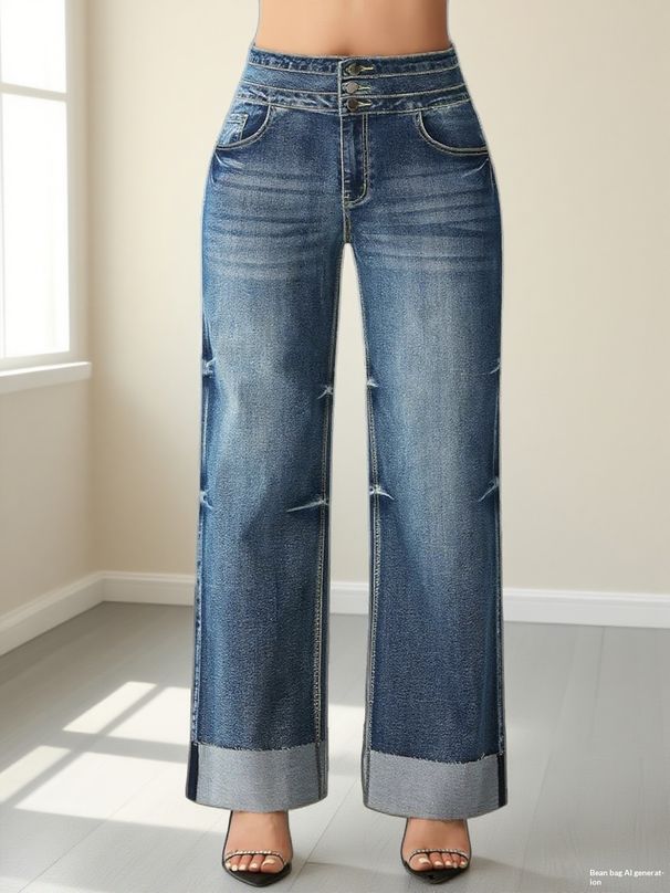 2025 Winter Cross-Border Bestseller Women's High-Waisted Stretch Straight-Leg Jeans With Loose Cuffs_mkmklike.com