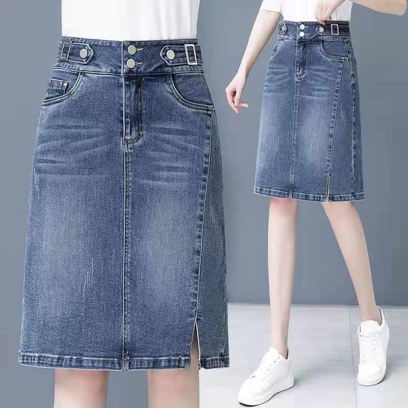 Women's clothing new large size drawstring elastic waist split denim skirt women spring and summer high waist slim a-line mid-length skirt_mkmklike.com