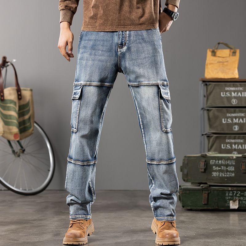 Street Retro Washed Denim Pants For Both Men And Women, Featuring Multiple Pockets And A Straight Fit, Loose Fitting Denim Pants_mkmklike.com