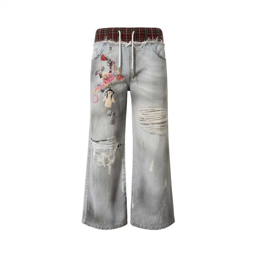 Two-Piece Plaid Patchwork Waistband Denim Flared Men's Ripped 3D Digital Print Vintage Dirty Long Pants_mkmklike.com