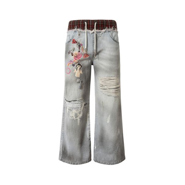Two-Piece Plaid Patchwork Waistband Denim Flared Men's Ripped 3D Digital Print Vintage Dirty Long Pants_mkmklike.com