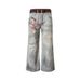 Two-Piece Plaid Patchwork Waistband Denim Flared Men's Ripped 3D Digital Print Vintage Dirty Long Pants_mkmklike.com