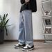 Light-colored Straight-leg Jeans For Petite Women, Spring And Autumn Thin Style, Elastic Waist, Wide-leg, Lace-up, Loose_mkmklike.com