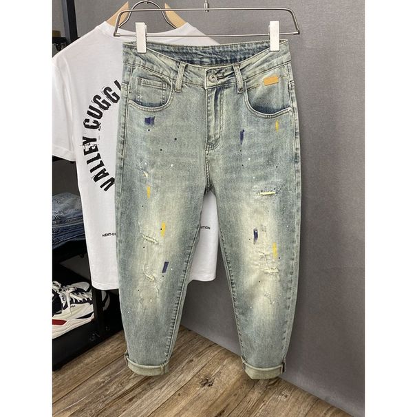 Light Luxury Ink Splashed Patch Jeans For Men, New Autumn Styles, Trendy Brands, Handsome Ripped Elastic Casual Slim Fitting Skinny Pants_mkmklike.com