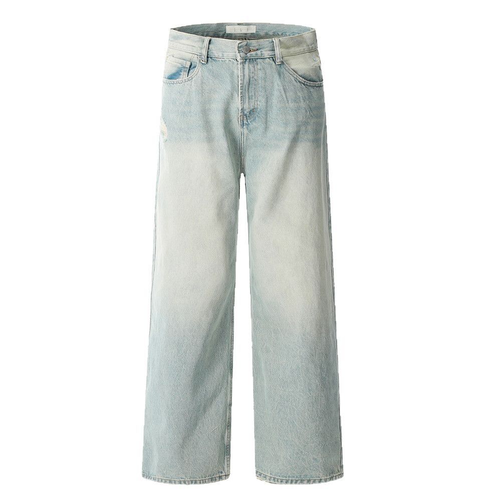 Punk Light Washed Jeans For Men Loose Fit Ripped Straight Long American Street Style Vintage Versatile Wide-Leg Pants_mkmklike.com