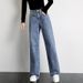 High Waist Relaxed Fit Straight Leg Jeans - Oversized Vintage Washed Denim Pants With Stretch Waistband (Light Blue/Dark Blue)_mkmklike.com