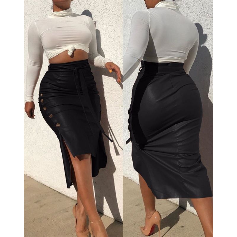Women's slim-fit mid-length bag hip skirt PU skirt skirt_mkmklike.com