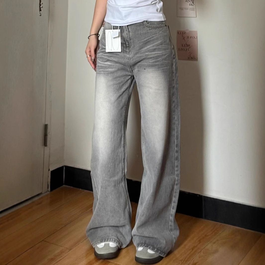 American Vibe Plus-size Vintage Washed Jeans Women, High Street Style, Loose Fit For Pear-shaped Body, Wide-leg Drapey_mkmklike.com