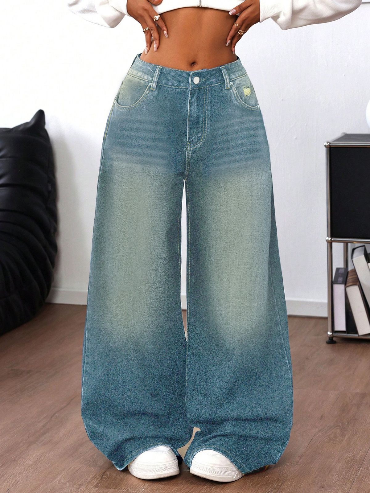 Women's Washed Blue Relaxed Fit Ripped Jeans - High Waist Wide Leg Boho Vintage Denim Pants For Casual Streetwear_mkmklike.com