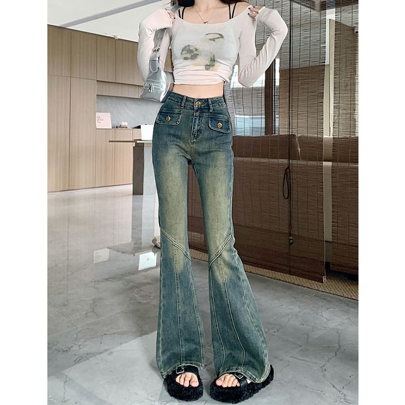 ELLE 0771 Design Sense American Retro Flared Jeans For Women Spring And Autumn Petite High Waist Slim Fit Floor-Length_mkmklike.com