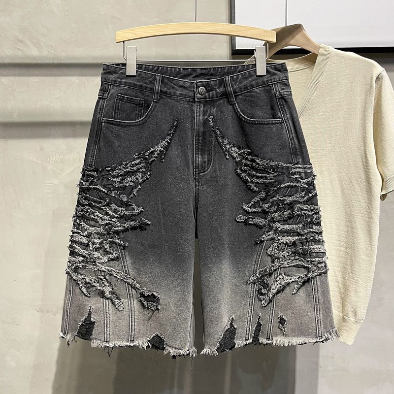 Men's Ripped Denim Shorts Summer Style Thin Washed Loose Fit Trendy Brand Street Style Frayed Edges Five Point_mkmklike.com