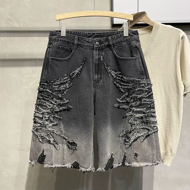 Men's Ripped Denim Shorts Summer Style Thin Washed Loose Fit Trendy Brand Street Style Frayed Edges Five Point_mkmklike.com