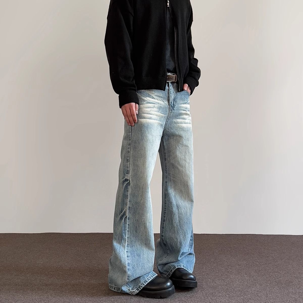 Men's Clothing Retro Profile Scimitar Jeans Men's And Women's New High Street Loose Wide Legs All Match Long Pants_mkmklike.com