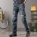 Spring And Autumn Style Patchwork Jeans For Men, Loose Elastic Wide Leg Straight Leg Denim Pants, Outdoor Multi Pocket Sports Pants_mkmklike.com