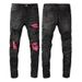 Men's Clothing Versatile Leather Ripped Jeans Stretch Slim Fit Jeans With Leather Patch & Ripped Detailing - Stretch Skinny Fit Denim Pants (Black)_mkmklike.com