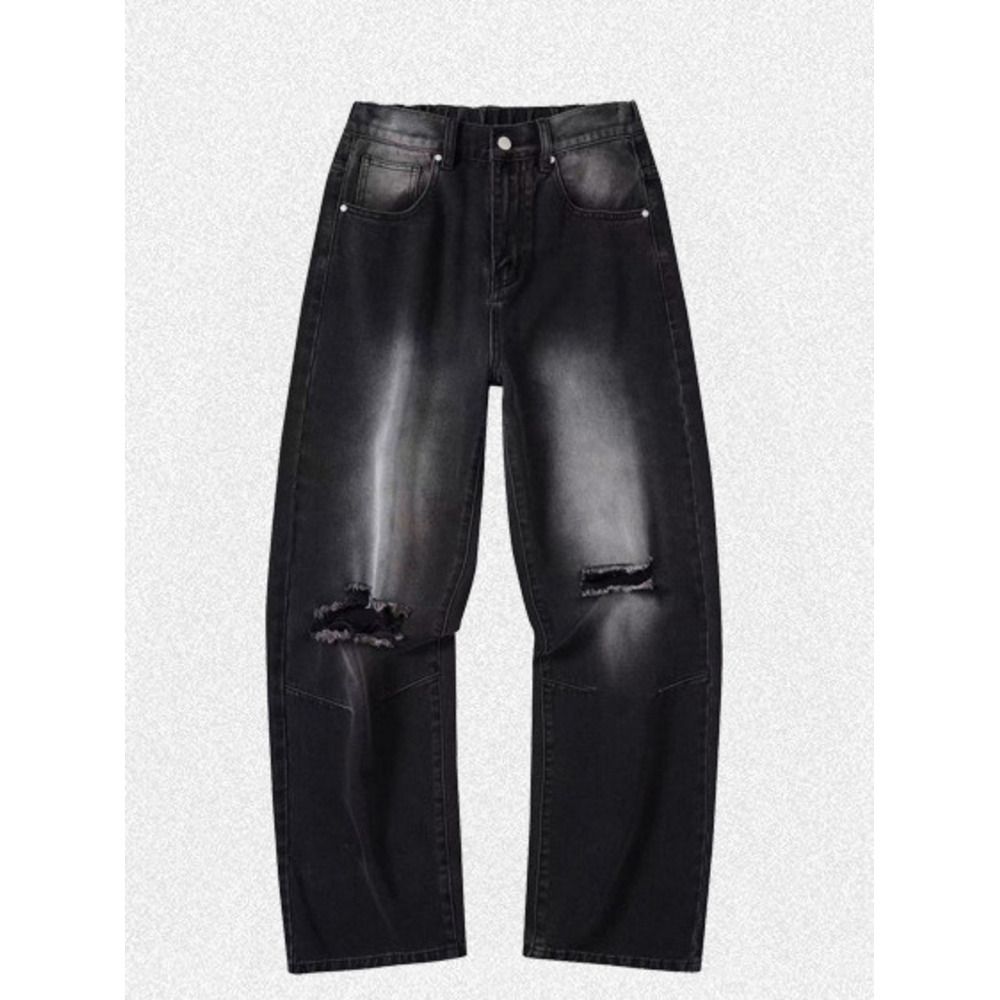 Suitable For All Seasons American High Street Men's Washed Ripped Denim Pants High-End Loose Straight Jeans For Men_mkmklike.com