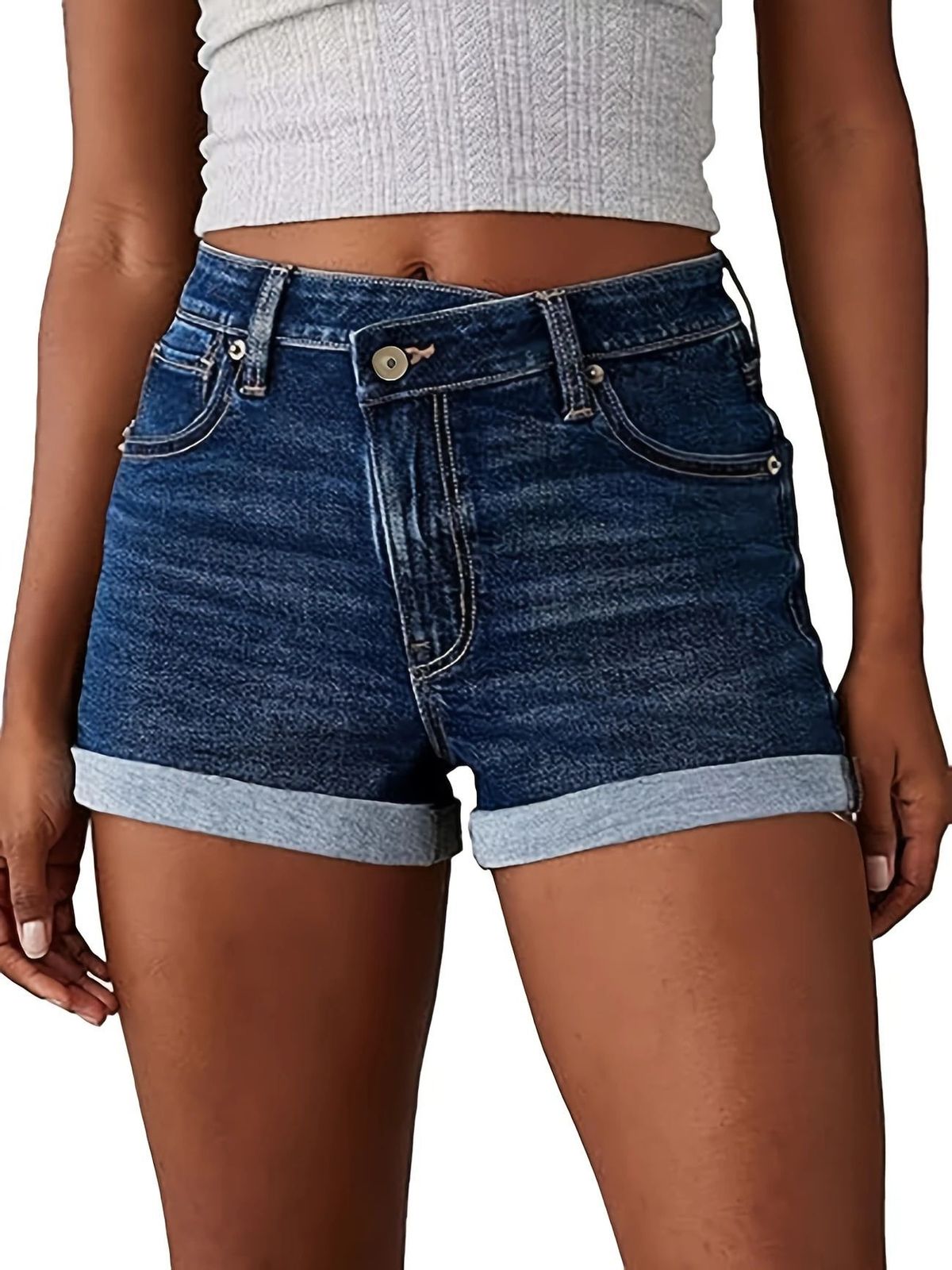 K Women's New Straight Tube Slim Fit Denim Shorts With Worn Edges And Rolled Edges_mkmklike.com