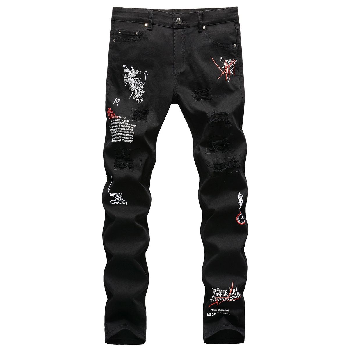 Men's Stretch Skinny Jeans Ripped Distressed Patchwork Embroidery Print Black Denim Pants High Street Fashion_mkmklike.com