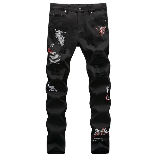 Men's Stretch Skinny Jeans Ripped Distressed Patchwork Embroidery Print Black Denim Pants High Street Fashion_mkmklike.com