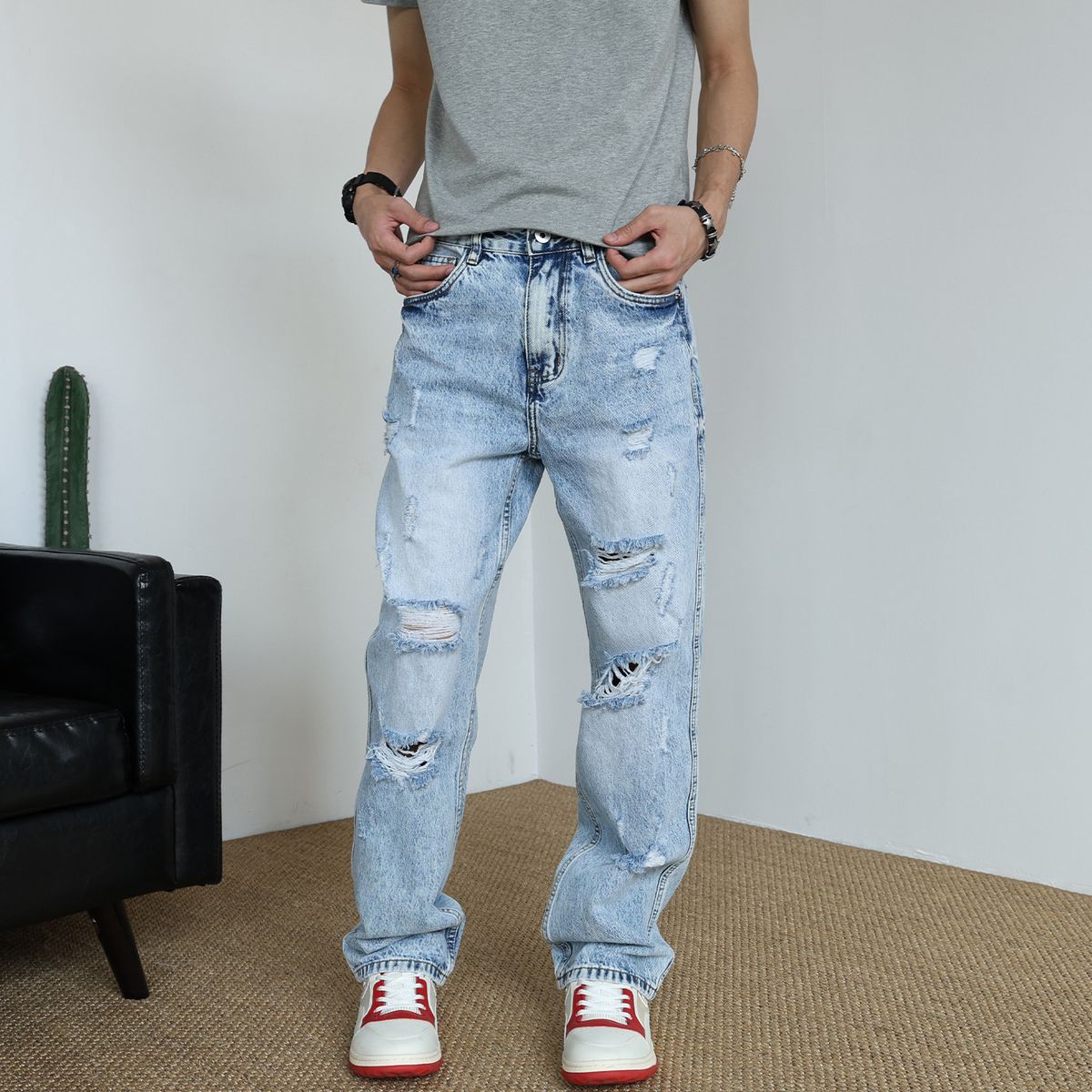Men's Distressed Denim Jeans Classic Washed Straight Leg Vintage Blue Casual Streetwear Comfortable Straight Leg Fit_mkmklike.com