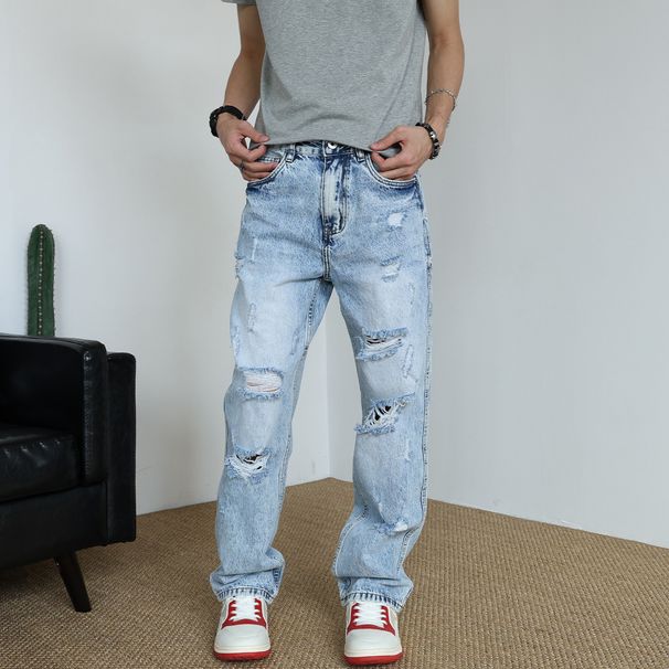 Men's Distressed Denim Jeans Classic Washed Straight Leg Vintage Blue Casual Streetwear Comfortable Straight Leg Fit_mkmklike.com
