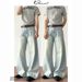 Streetwear Cargo Jeans – Oversized Fit, High-Waisted, Washed Blue, Unisex Distressed Denim With Drawstring Waist (S-XXXL, Polyester Blend)_mkmklike.com