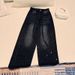 Retro High-Waisted Wide Leg Jeans Gradient Rhinestone Detail Black Gray Slimming Drawstring Loose Straight Leg Floor Length_mkmklike.com