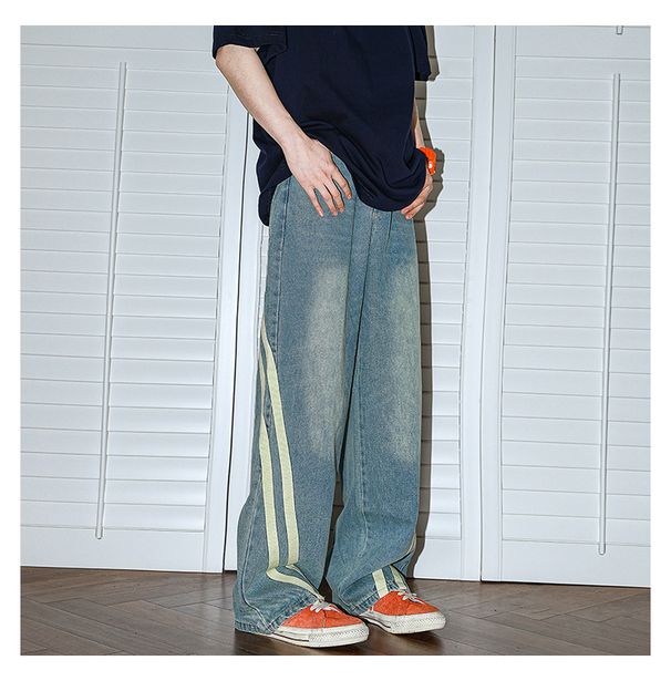 Vintage Washed Striped Patchwork Denim Jeans – Relaxed Straight-Leg Distressed Pants With Contrast Panels (S-3XL, Mid-Rise, Light Stretch, Unisex)_mkmklike.com