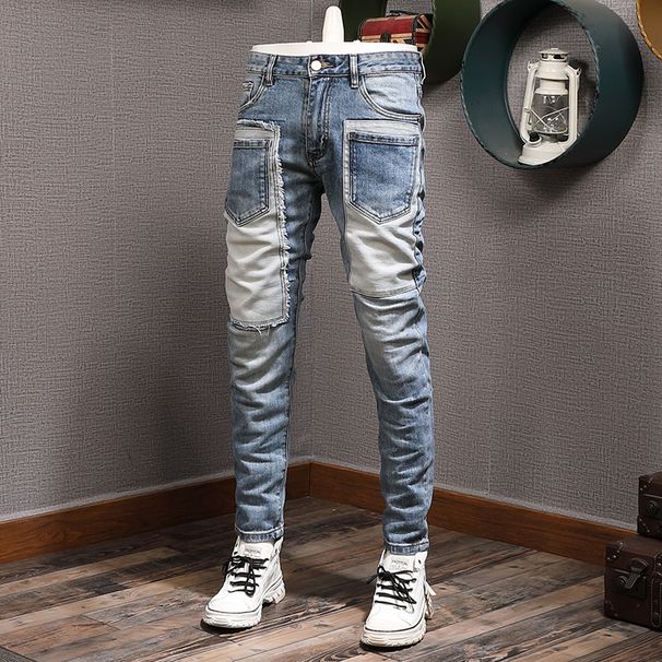 Men's Clothing Slim Fitting Skinny Elastic Long Pants Men's Stitching Hole Patches_mkmklike.com