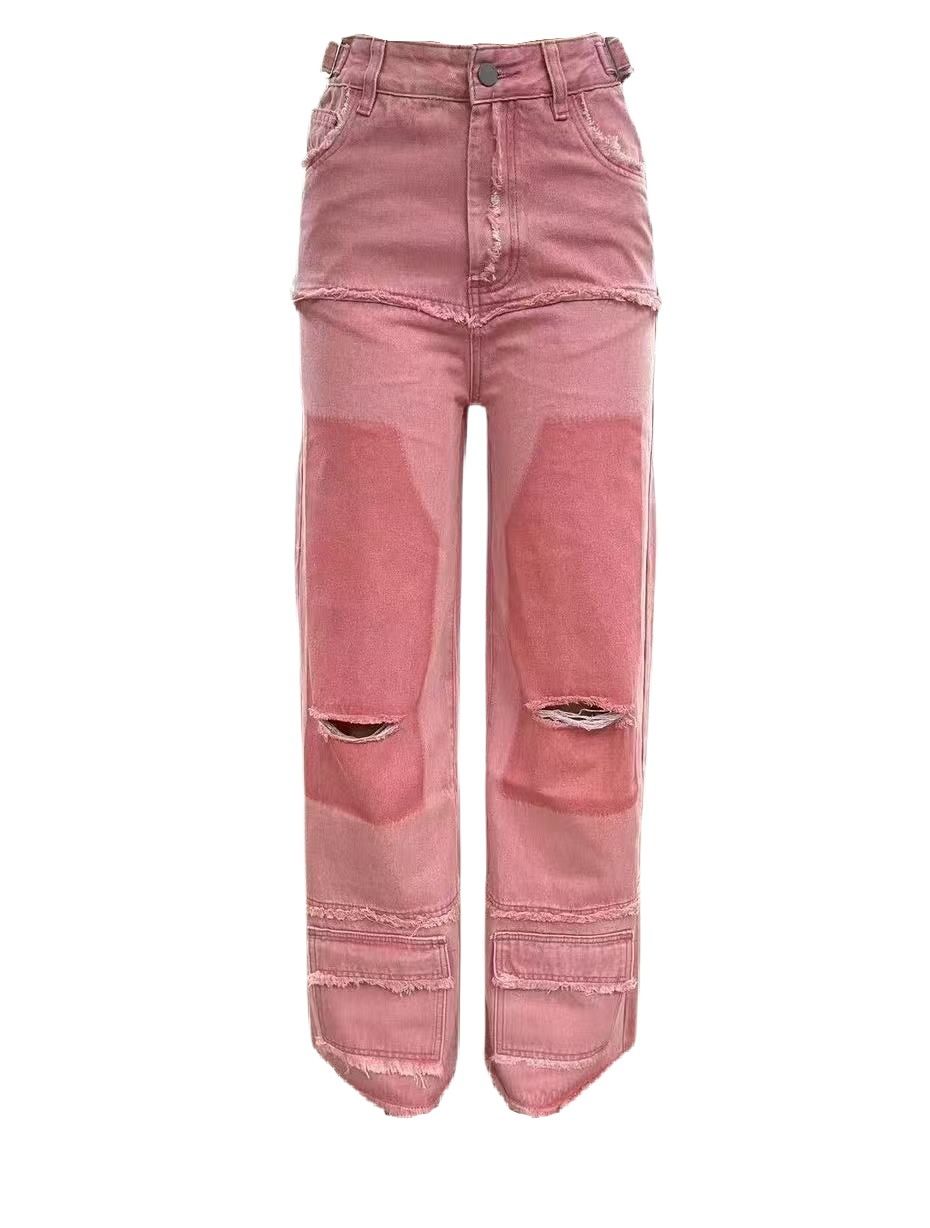 Streetwear Distressed Denim Jeans - High Waist Loose Fit Straight Leg Pants With Patchwork & Ripped Details For Men & Women_mkmklike.com