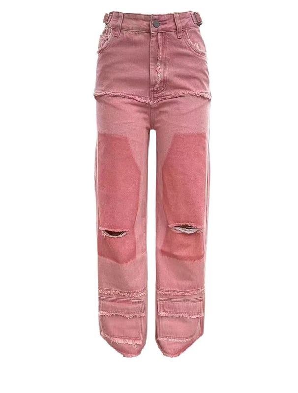 Streetwear Distressed Denim Jeans - High Waist Loose Fit Straight Leg Pants With Patchwork & Ripped Details For Men & Women_mkmklike.com