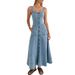 New Denim Mid Length Dress Suspenders Backless Temperament Commuter Long Skirt_mkmklike.com