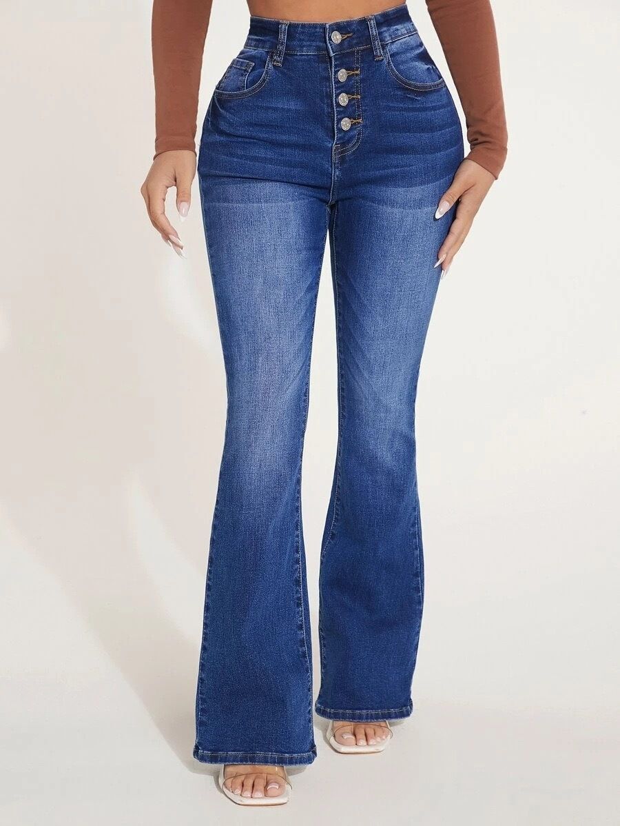 Women's Clothing Multi Button High Waist Elastic Micro Flared Jeans Women's Trousers_mkmklike.com