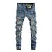 Men's Distressed Slim Fit Jeans – Vintage Washed Blue Denim With Paint Splatter & Stretch Comfort (28-38, Streetwear Essential)_mkmklike.com