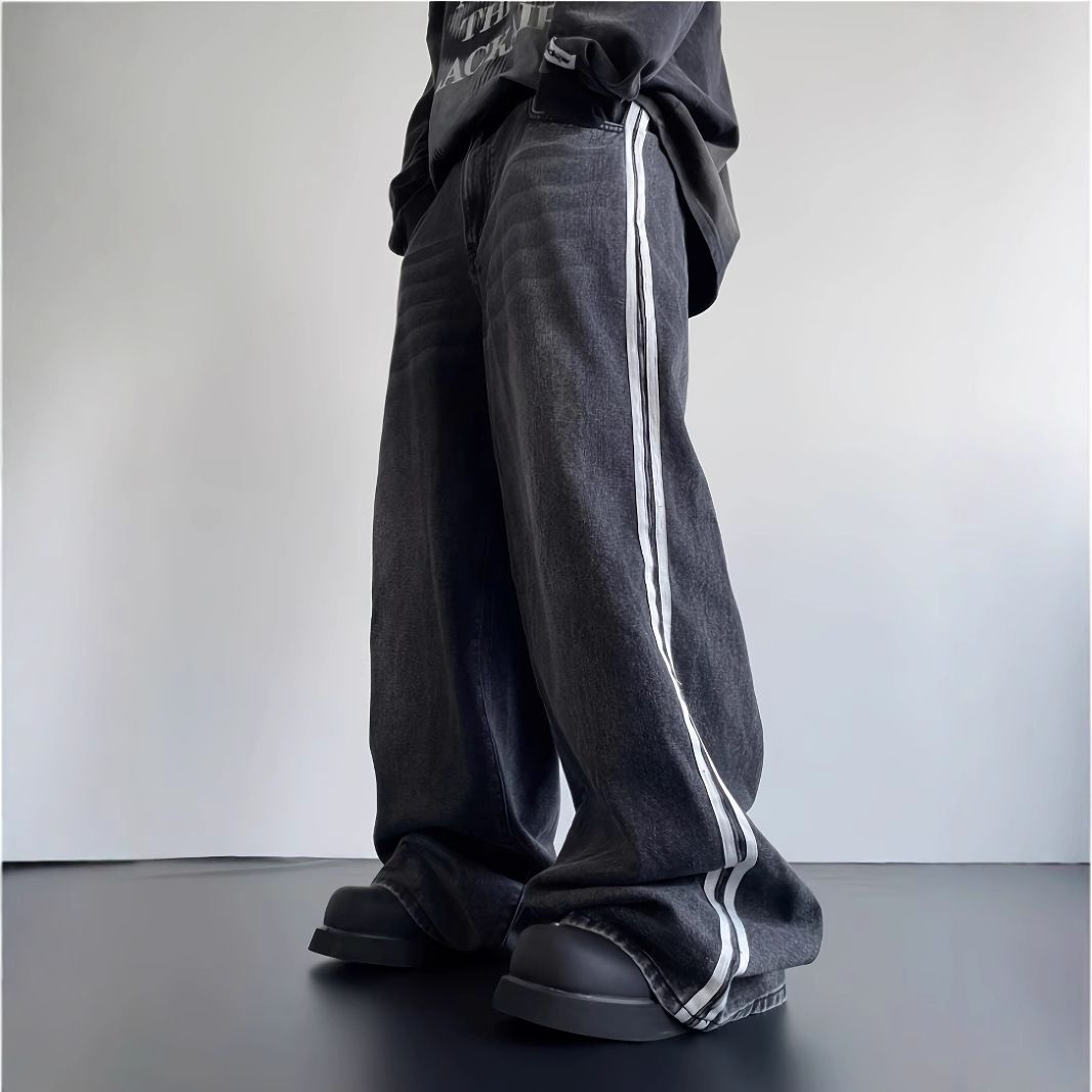 Men's Vintage Stripe Jeans – High Street Washed Straight-Leg Denim Pants (S-Xxl, Black) Relaxed Straight Fit_mkmklike.com