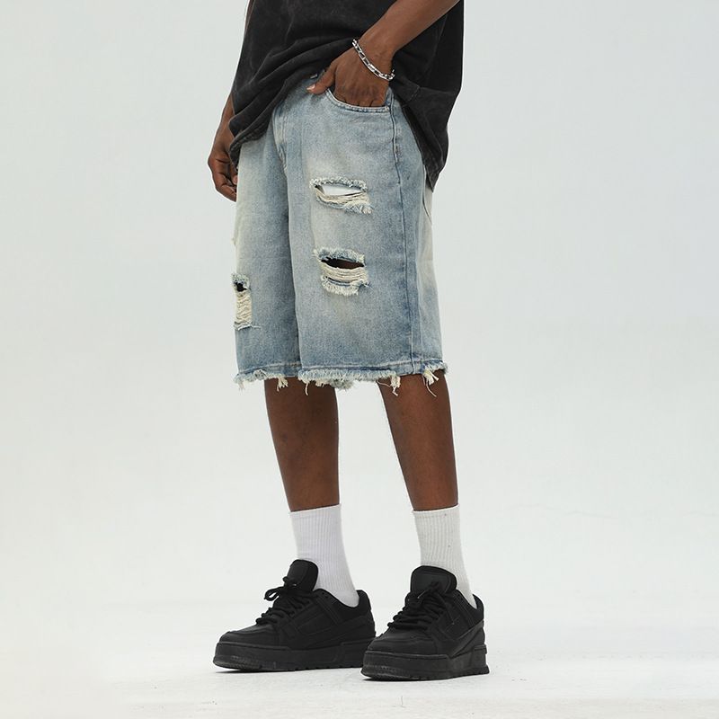 Men's Clothing Light Colored Ripped Denim Shorts Men's Summer New Style Washed Distressed Loose Five Point Denim Casual Pants_mkmklike.com