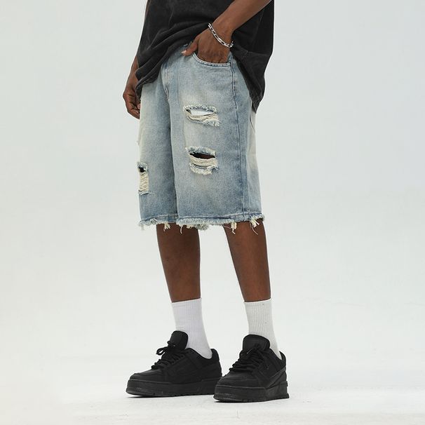 Men's Clothing Light Colored Ripped Denim Shorts Men's Summer New Style Washed Distressed Loose Five Point Denim Casual Pants_mkmklike.com