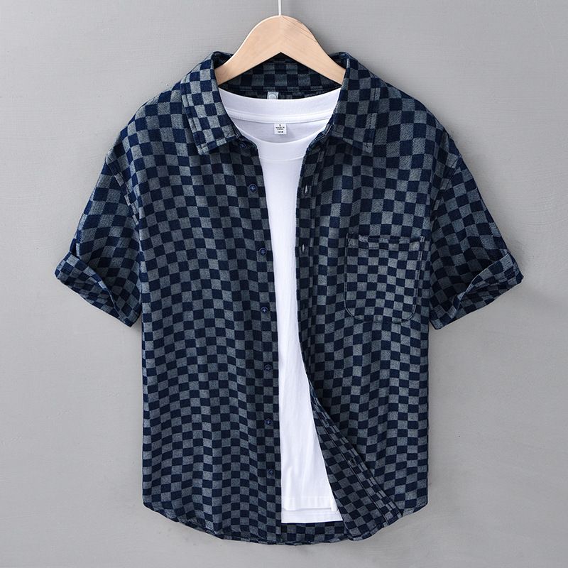 Men's Clothing Summer Men's Fashion Plaid Short Sleeved Denim Shirt Comfortable Youth Handsome Casual All Match Cotton Shirt_mkmklike.com
