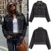 Women's Clothing Black Studded Short Denim Jacket Slim Fit Spring Fashion Versatile Workwear Streetwear_mkmklike.com